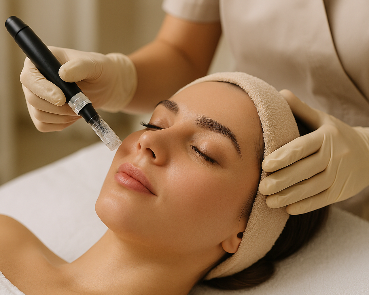 Woman receiving a microneedling facial treatment for skin repair at a beauty salon in Swindon UK