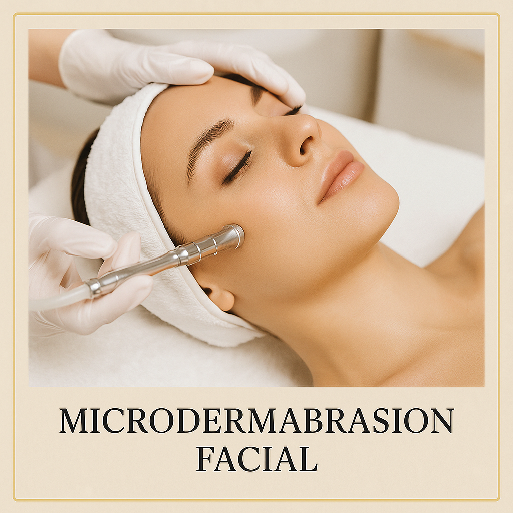 Woman receiving microdermabrasion facial treatment with text overlay.