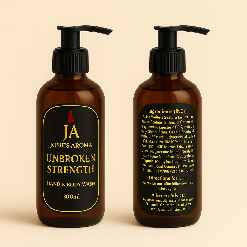 Two bottles of Josie's Aroma Unbroken Strength Hand & Body Wash on a beige background