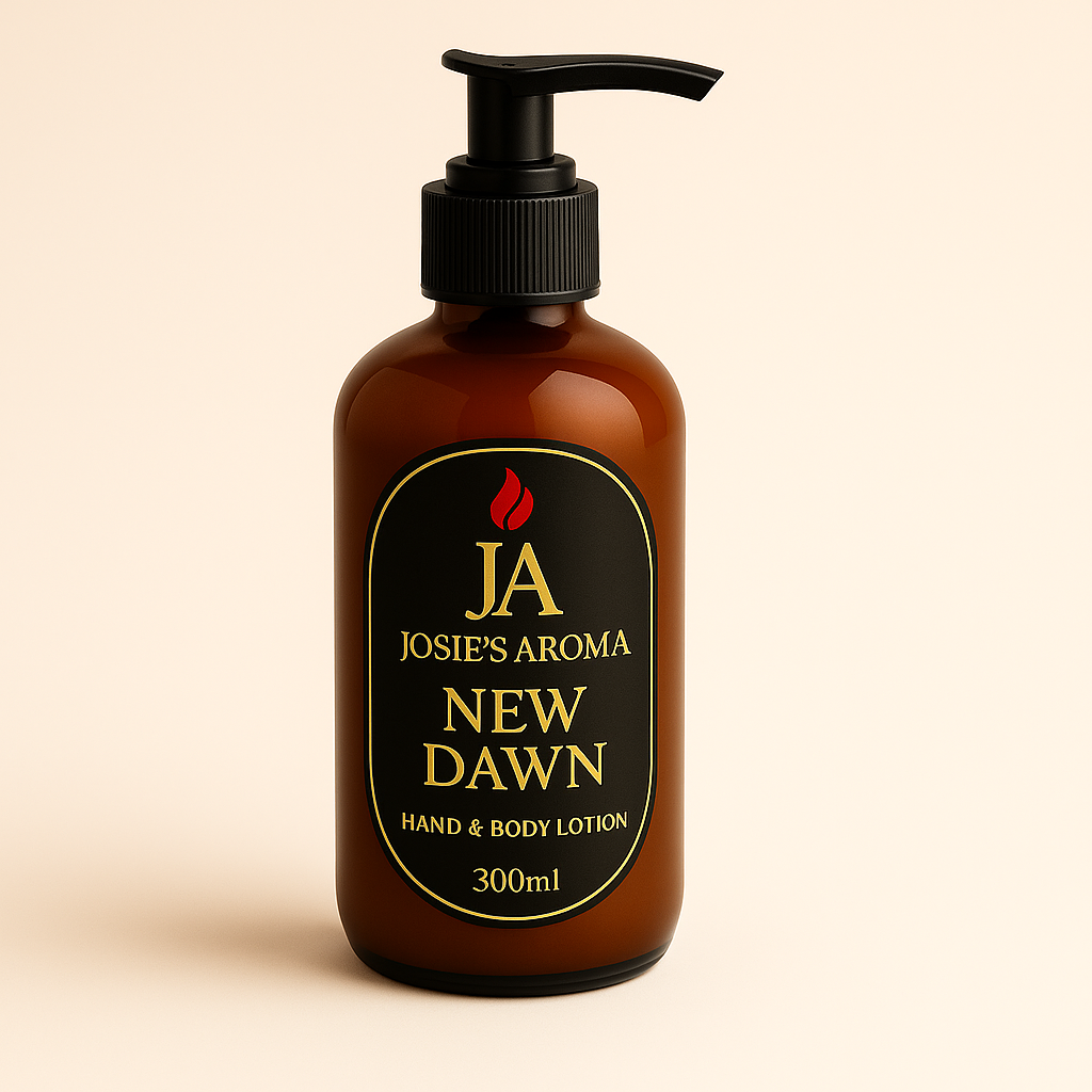 Brown lotion bottle with black pump and 'Josie's Aroma New Dawn' label on a beige background