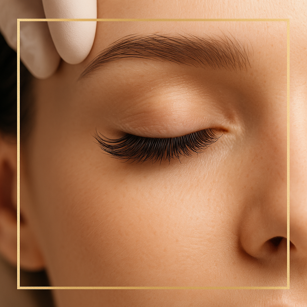 Close-up of a person's eye with long eyelashes, wearing a white contact lens case.