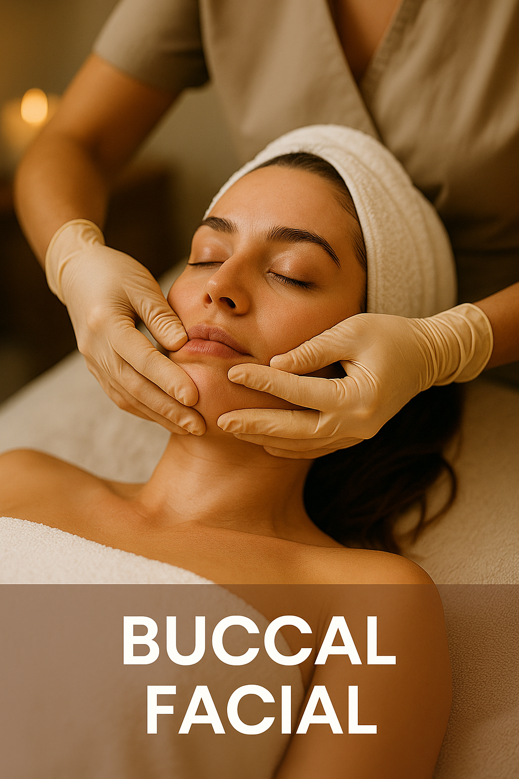 Woman receiving a Buccal Facial with gloved hands applying product to her face.