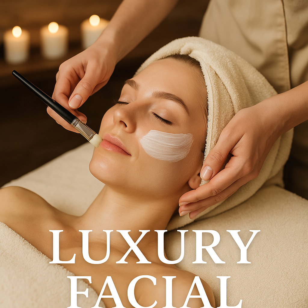 Woman receiving a facial with candles in the background, labeled 'Luxury Facial'.