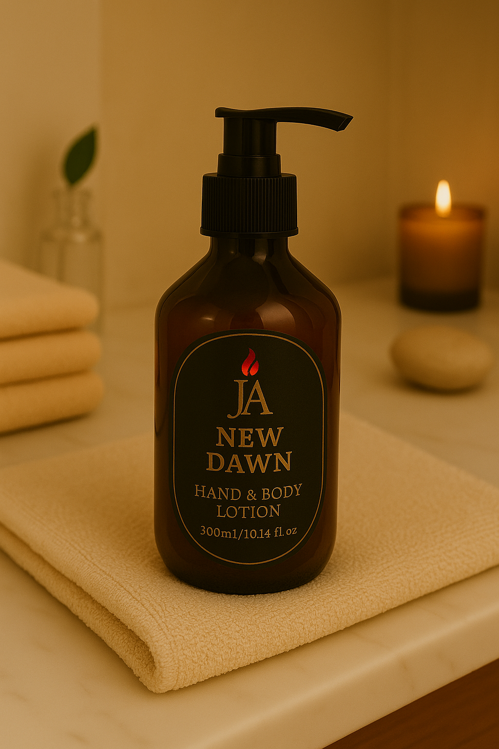 Brown pump bottle of New Dawn hand and body lotion on beige towel with candle and stone in background