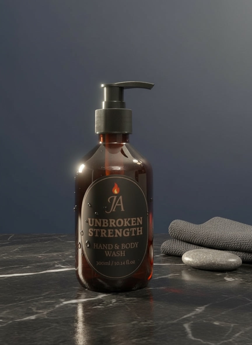 300ml bottle of Unbroken Strength Hand & Body Wash with amber packaging on marble surface and folded towel nearby