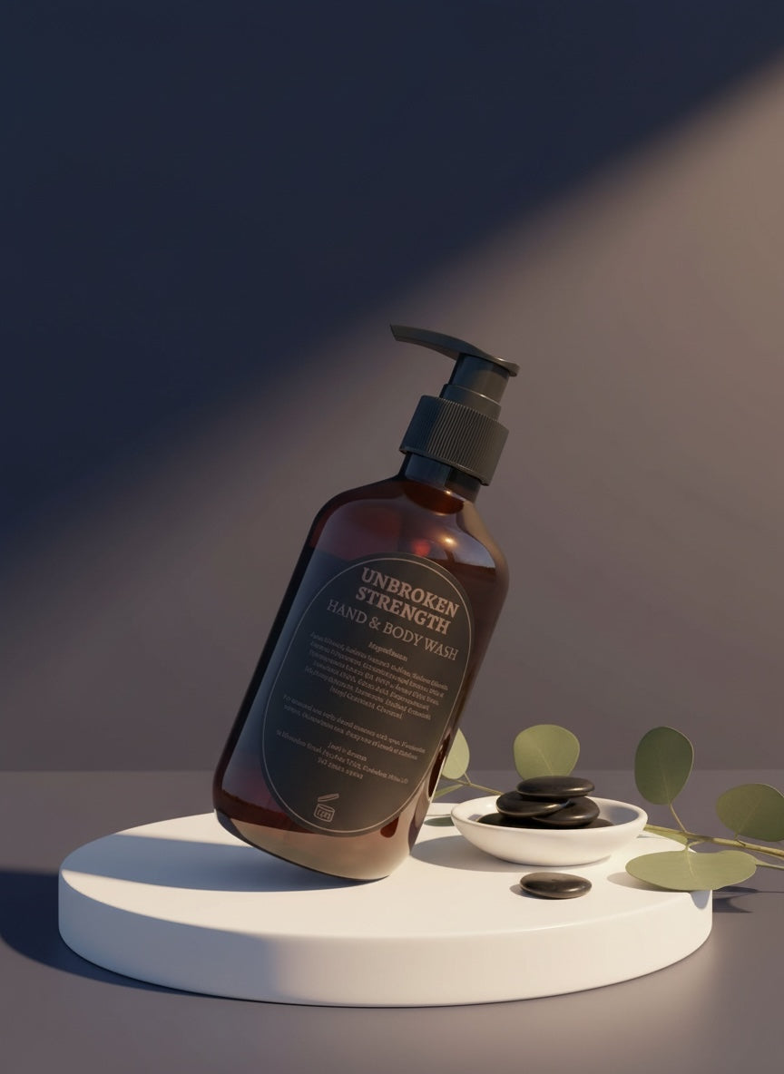 Unbroken Strength Hand & Body Wash 300ml bottle on white platform with spa stones and green leaves nearby