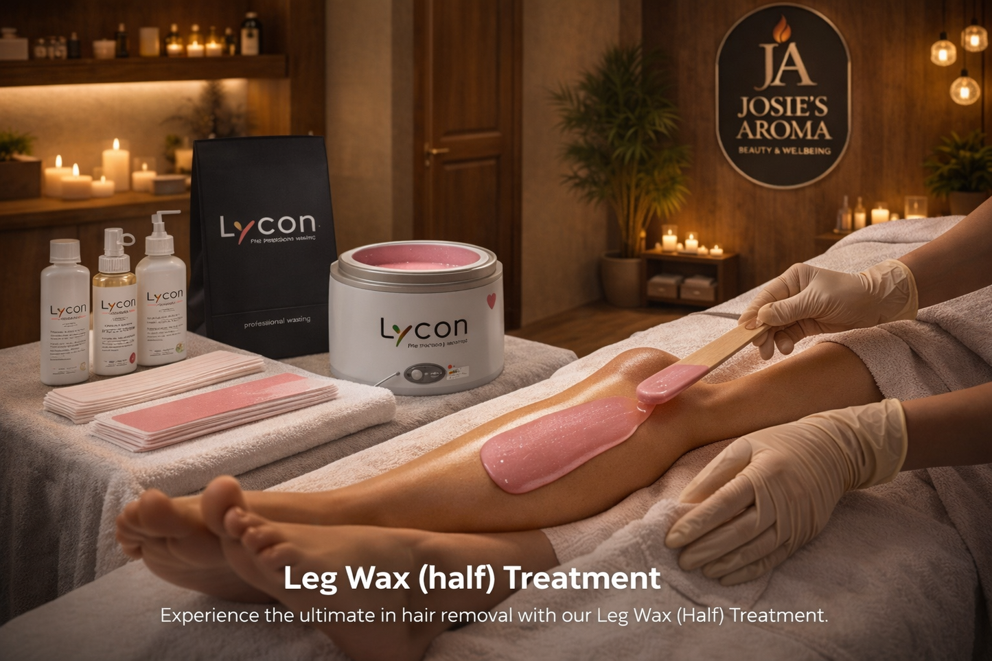 Professional leg waxing treatment with pink wax applied on lower leg in a cozy beauty salon setting in Swindon