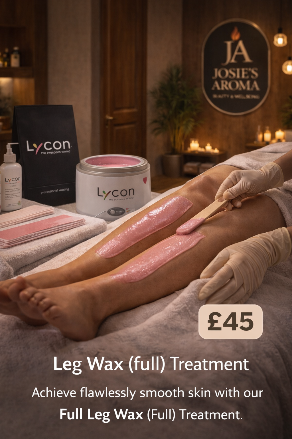 Gloved therapist applying pink Lycon wax for full leg hair removal treatment in a relaxing salon setting in Swindon