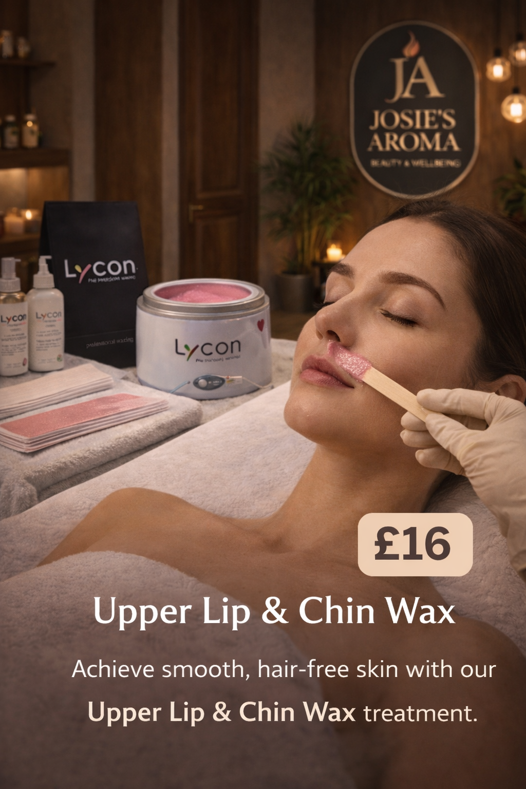 Woman receiving upper lip waxing treatment at Josie’s Aroma beauty salon in Swindon with Lycon wax products visible