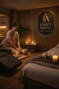 Therapist giving a relaxing back, neck, and shoulder massage in a cozy, candlelit spa room at Josie's Aroma.