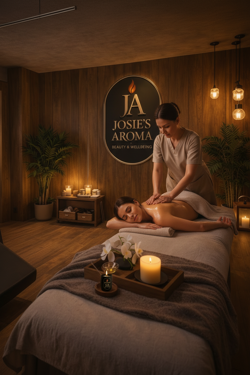 Therapist giving a relaxing full body deep tissue massage in a warm, candlelit spa room at Josie’s Aroma Swindon.