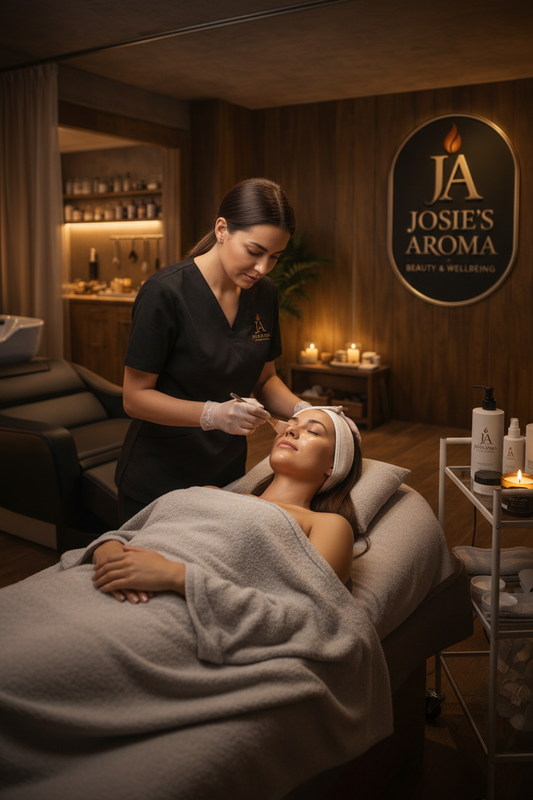 Therapist applying a luxury skin peel facial treatment to a relaxed woman in a warm, calming spa setting in Swindon.